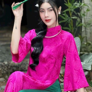 Hot pink brocade loose ao dai for women, ao dai Vietnam, modern ao dai, ao dai cach tan, ao dai phu dau, ao dau plus size, with pants