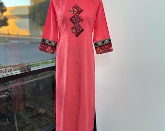 Red Linen Ao Dai: Vietnamese Traditional Dress with Black Pants