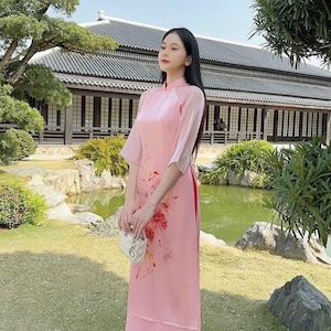 Pink Modern Ao Dai For Women | Vietnamese Outfits For Women | Pants Included
