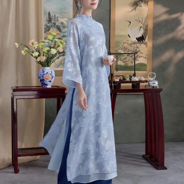 Blue Loosing Style Ao Dai For Women, Vietnamese Modern Ao Dai With Pants, Plus Size Available