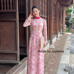 Flower print pink ao dai for women, ao dai Vietnam, traditional ao dai, ao dai truyen thong, ao dai plus size, bridesmaid ao dai