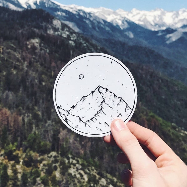 Vinyl Sticker . Mountain and Moon . Hiking Gear Outdoors Laptop MacBook Sticker Camping Sticker Adventure Car Decal Mountain Bumper Sticker