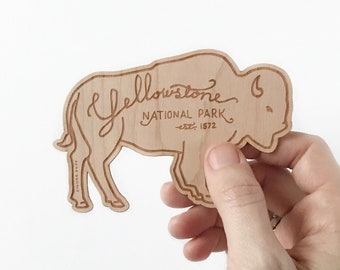 Yellowstone Wooden Sticker. National Park Bison Decal. Sustainable Cherry Wood.