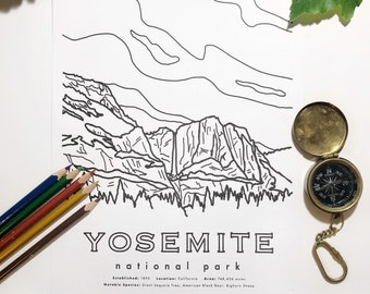 Página para colorear del Parque Nacional. Hoja para colorear de Yosemite. Página para colorear para adultos. Imprimible educativo. Actividad de descarga del Parque Nacional.