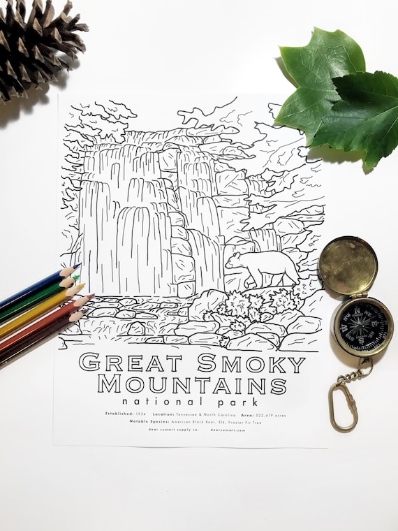 National Park Coloring Page. Great Smoky Mountains Coloring Etsy