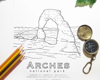 Hoja para colorear del Parque Nacional Arches. Página para colorear del desierto. Imprimible para colorear para adultos. Actividad del Parque Nacional. Educación en casa Descargar PDF JPG