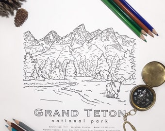 Página para colorear del Parque Nacional Grand Teton. Hoja para colorear de montañas. Página para colorear para adultos. Imprimible educativo. Actividad escolar del parque nacional