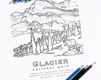 Página para colorear del Parque Nacional. Hoja para colorear Glaciar NP. Página para colorear para adultos. Imprimible educativo. Actividad del Parque Nacional.