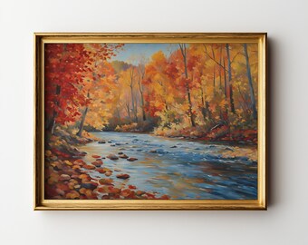 Pintura vintage de paisaje de río otoñal: arte mural estilo cottagecore (descarga digital)