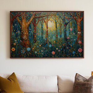 May include: A framed painting depicts a whimsical forest scene. Tall trees with textured bark and colorful flowers fill the foreground. The artwork features a palette of blues, greens, yellows, and browns, creating a vibrant and dreamlike landscape.