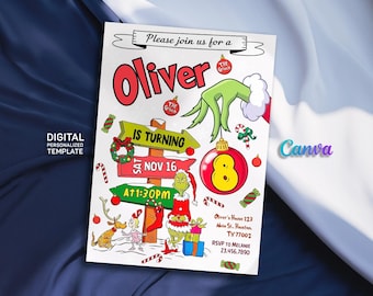 Pode incluir: Um convite digital imprimível para uma festa de aniversário de 8 anos com o Grinch do livro de Dr. Seuss "Como o Grinch Roubou o Natal". O convite é decorado com gráficos natalinos, incluindo bengalas de doces, enfeites e uma guirlanda. O texto do convite diz: "Por favor, junte-se a nós para um Oliver está completando 8 anos Sábado, 16 de novembro às 23h30 Oliver's House 123 Main St. Houston TX 77002 RSVP para Melanie 23.456.7890".