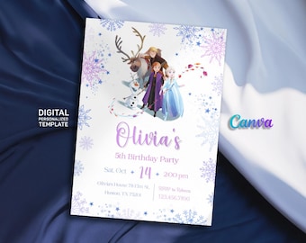 May include: A digital printable invitation for a 5th birthday party featuring characters from the movie Frozen. The invitation is decorated with snowflakes and has a purple and white color scheme. The text on the invitation reads "Olivia's 5th Birthday Party" and includes the date, time, and location of the party.