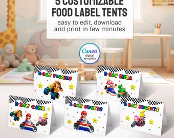 Mario Kart printable table tent, food or name lable, birthday party Editable Template, diy Super Mario Bros bday decorations,  party favors
