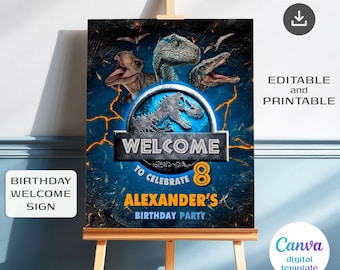 Plantilla de cartel de bienvenida de dinosaurio, cartel de bienvenida jurásico para fiesta de cumpleaños imprimible, cumpleaños de niño, plantilla de decoración de cumpleaños de T-Rex