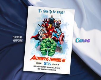 Printable Boy Birthday Invite, super hero Editable party Invitation, spiderman, hulk, captain america Invite template, avengers invitation