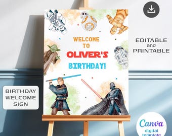 Afdrukbare sjabloon ster welkomstbord, verjaardag stormtrooper wars feest welkom in poster, darth vader boy b-day feestdecoratie