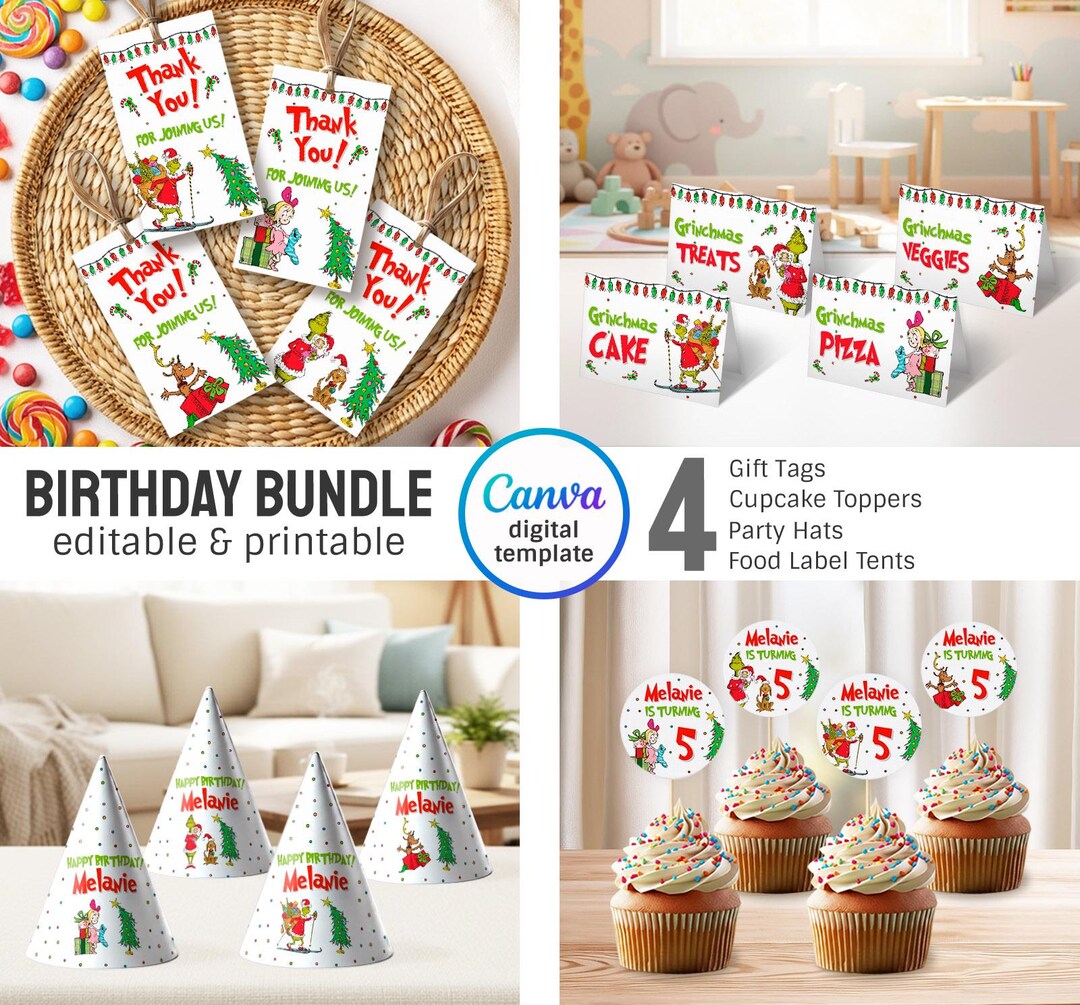 Merry Grinchmas Party Bundle Gift Tags, Cupcake Toppers, Table Tent