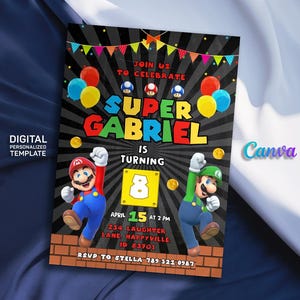 Birthday Invite boy girl, Super mario invitation, mario bros movie invitation, Instant Download, video game Birthday Invite template