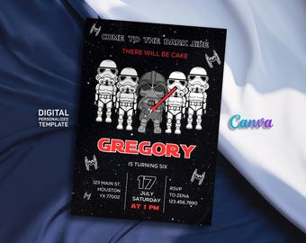 May include: A black and white digital invitation with a Star Wars theme. It features a cartoon Darth Vader and Stormtroopers with the text "Come to the Dark Side, There Will Be Cake". The invitation is for Gregory's 6th birthday party on July 17th at 1 pm.