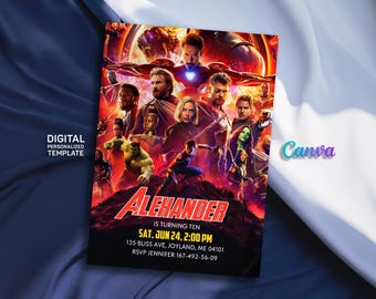 May include: A digital invitation featuring a collage of characters from the Marvel Cinematic Universe. The invitation is for a birthday party for a child named Alexander who is turning ten. The text on the invitation reads "Alexander is turning ten. Sat, Jun 24, 2:00 PM. 135 Bliss Ave, Joyland, ME 04101. RSVP Jennifer 167-492-56-09."