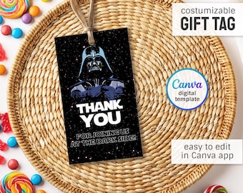 Star Wars printable gift tags, birthday party thank you card, Editable Template, diy Darth Vader bday decorations,  party favors