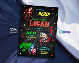 May include: A colorful superhero-themed birthday party invitation for a boy named Logan turning 9. The invitation features images of Iron Man, Hulk, Thor, and Spiderman. The invitation includes the date, time, and location of the party.