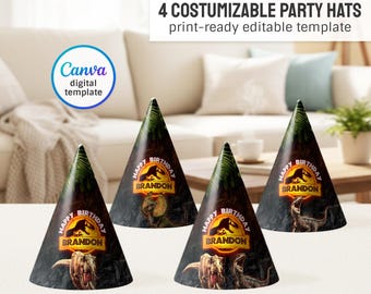 Jurassic Park printable party hats, birthday party Editable Template, diy dinosaur bday decorations,  party favors