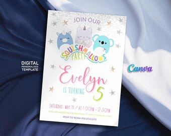 Printable birthday invitation, girl birthday invite, squish invitation, squishmallow Editable invitation, instant download, squishy party
