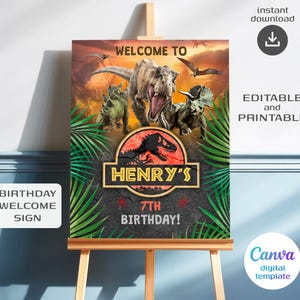 Modello di cartello di benvenuto a tema dinosauro, poster di benvenuto stampabile per feste di compleanno, modello di decorazione per compleanno di un bambino, modello di decorazione per il compleanno di un T-rex.