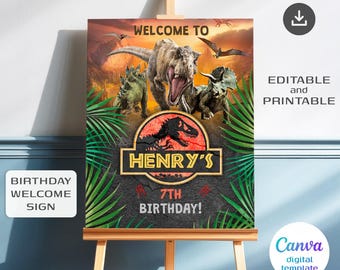Plantilla de cartel de bienvenida de dinosaurio, cartel de bienvenida jurásico para fiesta de cumpleaños imprimible, cumpleaños de niño, plantilla de decoración de cumpleaños de T-Rex
