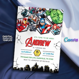 Printable Boy Birthday Invite, super hero Editable party Invitation, spiderman, hulk, captain america Invite template, avengers invitation