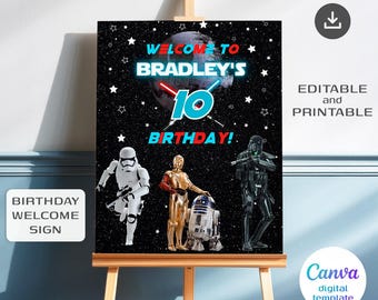 Afdrukbare sjabloon ster welkomstbord, verjaardag stormtrooper wars feest welkom in poster, darth vader boy b-day feestdecoratie