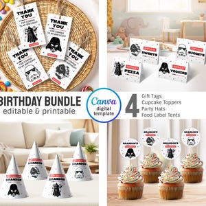 Star Wars Party Bundle: Gift Tags, Cupcake Toppers, Table Tent, Party Hats - Editable Printable Templates