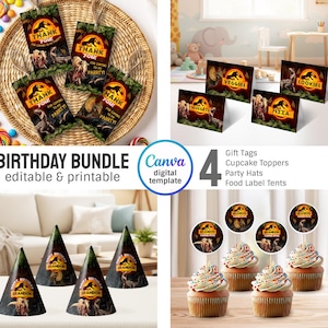 Peut inclure: Un ensemble de fête d'anniversaire sur le thème des dinosaures. Il comprend des étiquettes cadeaux, des décorations de cupcakes, des chapeaux de fête et des étiquettes alimentaires. Le lot est modifiable et imprimable.