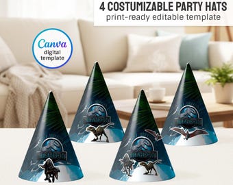 Jurassic Park printable party hats, birthday party Editable Template, diy dinosaur bday decorations,  party favors