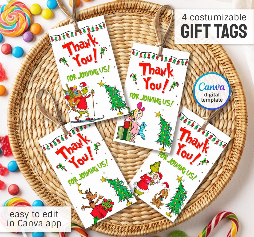 Merry Grinchmas Printable Gift Tags, Grinch Birthday Party Thank You
