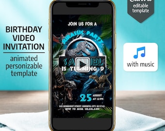 Animated Jurassic Park & Jurassic World Video Invitation, Digital Dinosaur Birthday Party Evite, Editable Template for Kids