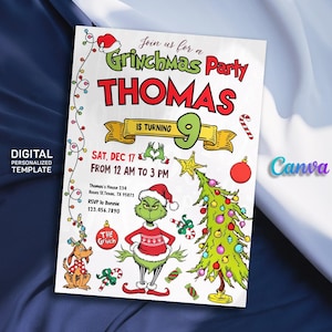 May include: A digital Grinchmas party invitation featuring the Grinch, a Christmas tree, and festive decorations. The invitation includes the name "Thomas" and details for a party on December 17th.