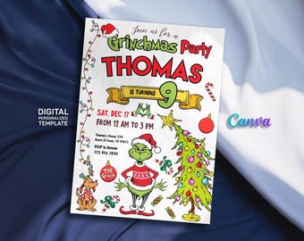 May include: A digital Grinchmas party invitation featuring the Grinch, a Christmas tree, and festive decorations. The invitation includes the name "Thomas" and details for a party on December 17th.