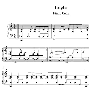 May include: A sheet music score for the song "Layla" by Eric Clapton. The score is for piano and includes the coda section of the song. The title "Layla" is written in large font at the top of the page, with the words "Piano Coda" written below it.
