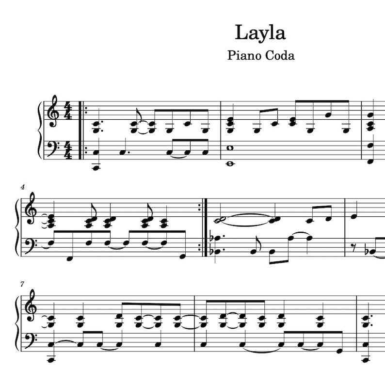 Layla - Eric Clapton - Piano Sheet Music (instant Digital Download) - Etsy