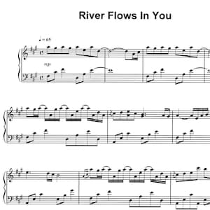 Puede incluir: Partitura para piano de una pieza titulada "River Flows In You". La música está escrita en notación estándar con un tempo de =65.