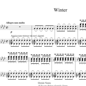 Könnte beinhalten: Eine Notenpartitur für ein Klavierstück mit dem Titel "Winter". Die Musik enthält die italienischen Wörter "Allegro non molto", "Aggiacciato tremar tra nevi algenti" und "Orrido Vento".