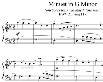 Menuett in g-Moll - Bach - Klaviernoten für Anfänger/Einfache Noten (Sofortiger digitaler Download)
