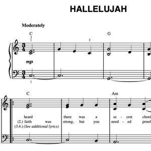 Hallelujah (Beginner Version) - Cohen - Piano Sheet Music (Instant Digital Download)