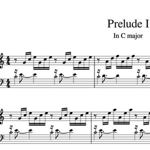 Op de afbeelding: Een bladmuziekpartituur voor Prelude I in C majeur. De muziek is geschreven in standaardnotatie met een vioolsleutel en een basssleutel. De titel "Prelude I" staat in groot lettertype bovenaan de pagina, met "In C majeur" eronder.
