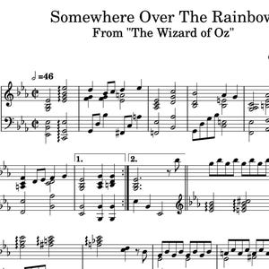 Pode incluir: Partitura musical para a canção "Somewhere Over The Rainbow" do musical "O Mágico de Oz". A música é escrita em notação padrão com uma clave de sol e uma clave de fá. O título da canção está escrito no topo da página, e o nome do compositor está escrito na parte inferior.