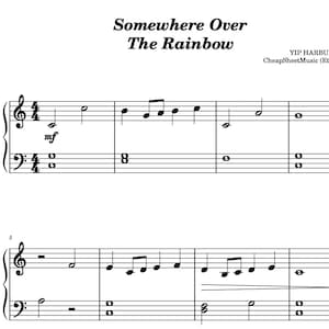 以下が含まれることがあります： イップ・ハーバーグ作曲の「虹の彼方に」の楽譜。楽曲はハ長調で4/4拍子で書かれており、ピアノ用で歌詞も含まれています。