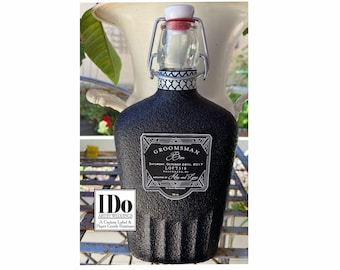 Groomsmen Flask with Labels   Black Liquor Flask   Hinged WATERPROOF Flask 500ml   17oz    Officiant flasks   Bottle & Art Deco Labels