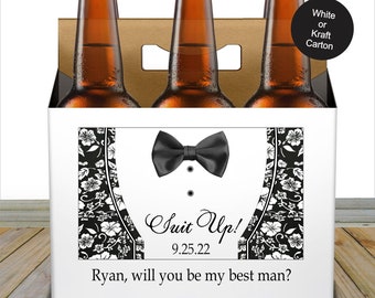 Beer Carton and Label - Personalized Six Pack Box & Label - SUIT UP! Beer Carrier Box and Custom Label - Groomsmen Tux Proposal - for a 6pk